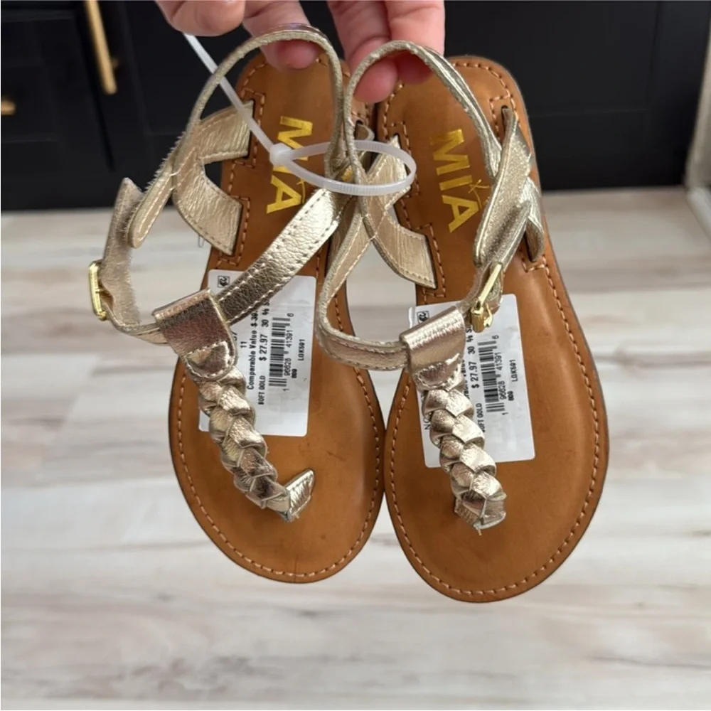 ⭐ MIA Girls Gold Braided Thong Sandals | Kids Metallic Ankle Strap Dress Sandals